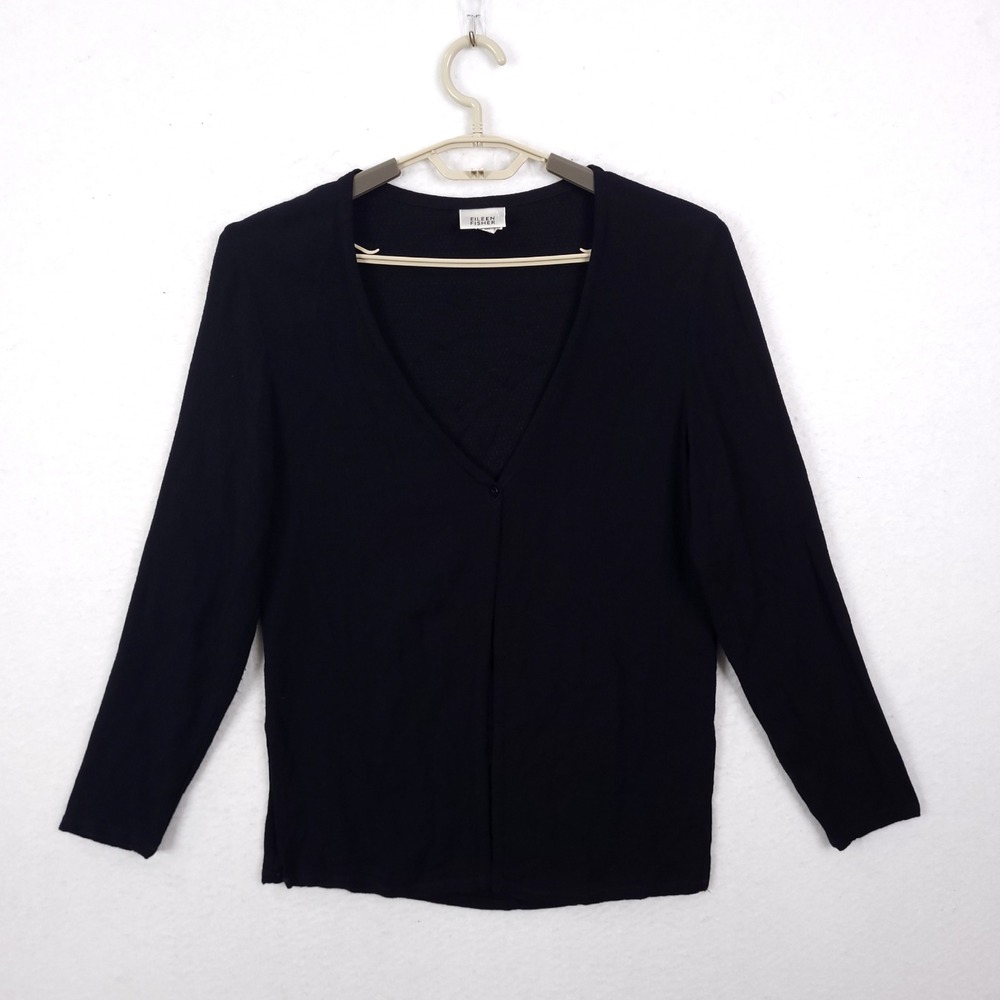 Eileen Fisher Cardigan Top Women S Black V-Neck Rayon Crepe Long Sleeve USA Made